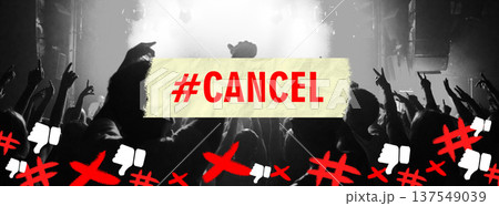 Social media, hashtag and cancel culture at a concert with people in a crowd or audience for entertainment. Banner, poster and censorship with a group at a show to protest against a music band Social media, hashtag and cancel culture at a concert with people in a crowd or audience for entertainment. Banner, poster and censorship with a group at a show to protest against a music band 137549039