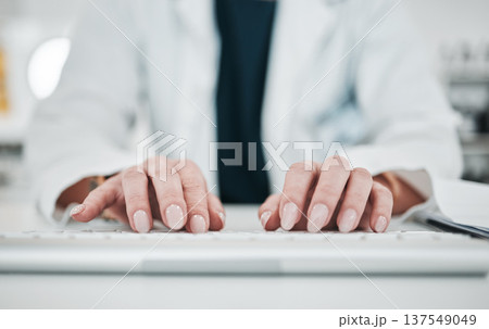 Keyboard, person hands and typing closeup with healthcare, hospital and clinic work at computer. Medical research, working and professional report with email and online fro work and doctor job Keyboard, person hands and typing closeup with healthcare, hospital and clinic work at computer. Medical research, working and professional report with email and online fro work and doctor job 137549049