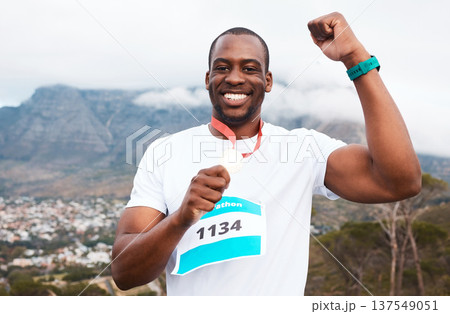 Runner man, celebration and medal in portrait for marathon, competition or race with smile in Cape Town. African winner guy, champion and goal in challenge, contest or fist for metal prize in nature Runner man, celebration and medal in portrait for marathon, competition or race with smile in Cape Town. African winner guy, champion and goal in challenge, contest or fist for metal prize in nature 137549051