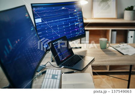 Laptop, computer screen and stock exchange statistics of investment data, trading market analytics or online insight. Monitor, economy metrics and research info of financial numbers, chart or graphs Laptop, computer screen and stock exchange statistics of investment data, trading market analytics or online insight. Monitor, economy metrics and research info of financial numbers, chart or graphs 137549063