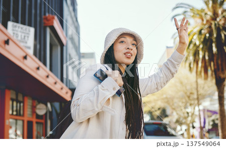 Road, road and woman wave for taxi with travel, commute and ride in New York. Vacation, city street and urban with a female person with traveling and vacation on a trip for holiday adventure Road, road and woman wave for taxi with travel, commute and ride in New York. Vacation, city street and urban with a female person with traveling and vacation on a trip for holiday adventure 137549064