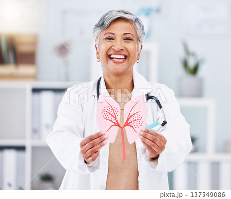 Doctor, senior woman and lungs picture, healthcare and portrait with happy surgeon and cardiovascular care. Respiratory clinic, cardiology and health with medicine, breathing and cutout at hospital Doctor, senior woman and lungs picture, healthcare and portrait with happy surgeon and cardiovascular care. Respiratory clinic, cardiology and health with medicine, breathing and cutout at hospital 137549086