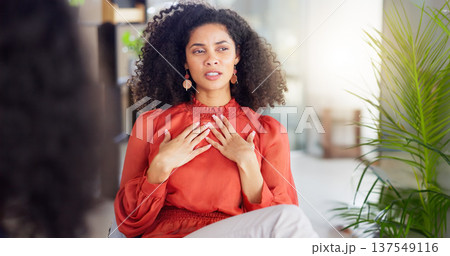 Woman patient talking in therapy session, counseling or psychology for stress, anxiety or mental health advice. Client or person speaking to psychologist, therapist or professional meeting for help Woman patient talking in therapy session, counseling or psychology for stress, anxiety or mental health advice. Client or person speaking to psychologist, therapist or professional meeting for help 137549116