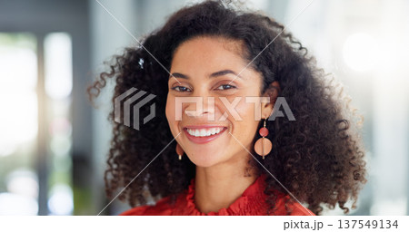Happy, laughing and the face of a woman at work with pride, happiness and confidence. Smile. cheerful and a portrait of a young corporate employee with positivity, smiling and looking confident 137549134