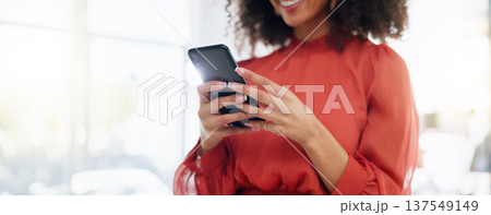 Business, closeup and woman with smartphone, typing and network for social media, connection and online reading. Zoom, female employee and entrepreneur with cellphone, communication or search website Business, closeup and woman with smartphone, typing and network for social media, connection and online reading. Zoom, female employee and entrepreneur with cellphone, communication or search website 137549149