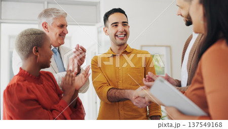 Business people, applause and handshake for teamwork success, collaboration and project congratulations. Marketing group, man shaking hands and clapping for deal, thank you and sales winner in office Business people, applause and handshake for teamwork success, collaboration and project congratulations. Marketing group, man shaking hands and clapping for deal, thank you and sales winner in office 137549168
