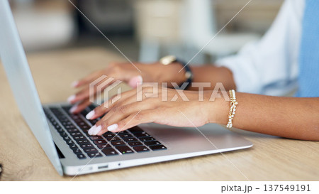 Hands of woman in office with laptop, typing email or online report on business feedback on website at desk. Networking, communication and technology, businesswoman with computer on internet research Hands of woman in office with laptop, typing email or online report on business feedback on website at desk. Networking, communication and technology, businesswoman with computer on internet research 137549191