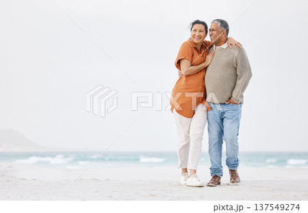Beach, mockup or mature happy couple looking at view, tropical advertising space or travel vacation destination. Winter date, nature wellness bond or relax man, woman or people walking on island sand Beach, mockup or mature happy couple looking at view, tropical advertising space or travel vacation destination. Winter date, nature wellness bond or relax man, woman or people walking on island sand 137549274