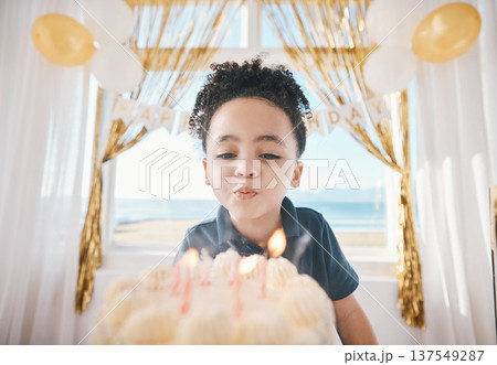 Birthday, cake and party with child and candles for gift celebration, food and dessert. Excited, balloons and happy with young boy making wish in family home for surprise, flame and holiday event Birthday, cake and party with child and candles for gift celebration, food and dessert. Excited, balloons and happy with young boy making wish in family home for surprise, flame and holiday event 137549287