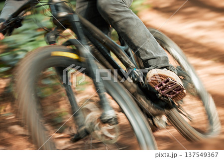 Feet, mountain bike pedal and speed in forest, closeup and training for health, wellness and outdoor adventure. Person, cycling and bicycle with fast race, exercise and workout with balance off road Feet, mountain bike pedal and speed in forest, closeup and training for health, wellness and outdoor adventure. Person, cycling and bicycle with fast race, exercise and workout with balance off road 137549367