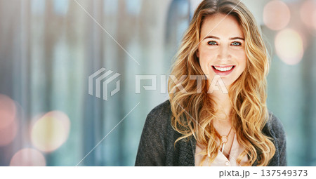 Portrait, face and woman in human resources with smile for job opportunity and management at work with bokeh. Professional, entrepreneur and person in business with goals, leadership and happiness 137549373