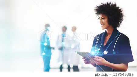 Black woman, tablet and 3D world, doctor in hospital with digital transformation and tech innovation for health. Mockup space, hologram and global healthcare development overlay, future and cyber Black woman, tablet and 3D world, doctor in hospital with digital transformation and tech innovation for health. Mockup space, hologram and global healthcare development overlay, future and cyber 137549388