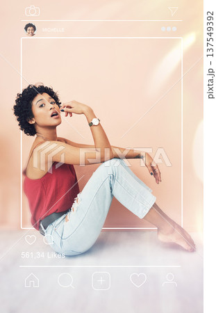Social media, influencer and post with portrait of woman for content creator, frame and networking. Internet, update and profile picture with person and photography at home for fashion and overlay Social media, influencer and post with portrait of woman for content creator, frame and networking. Internet, update and profile picture with person and photography at home for fashion and overlay 137549392