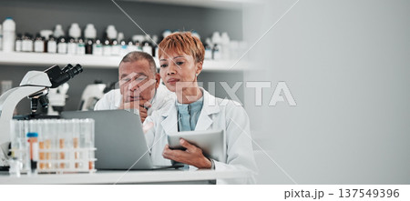 Science, banner and team with technology in laboratory to research solution, investigation and review medical data with mockup space. Scientists planning digital information on tablet, laptop or test Science, banner and team with technology in laboratory to research solution, investigation and review medical data with mockup space. Scientists planning digital information on tablet, laptop or test 137549396
