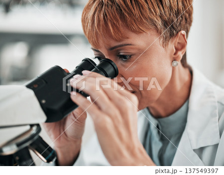 Science, woman closeup and microscope for lab research and studying virus in a hospital or clinic. Scientist, medical study and chemistry expert of a worker with professional project for healthcare Science, woman closeup and microscope for lab research and studying virus in a hospital or clinic. Scientist, medical study and chemistry expert of a worker with professional project for healthcare 137549397