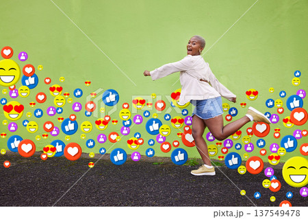 Social media, emoji icon or influencer woman on city street for like or love reaction. Excited african person run on fan page, content creator app or communication notification overlay on green wall 137549478
