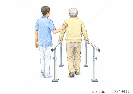 平行棒歩行訓練のイラスト　高齢者のリハビリテーションと歩行訓練 137549497