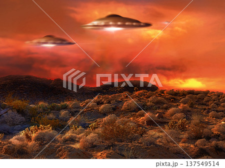 Alien, spaceship light and ufo in countryside for mission, science fiction and fantasy in sky. Spacecraft, field and flying saucer from outer space for invasion, futuristic and mystery in nature 137549514