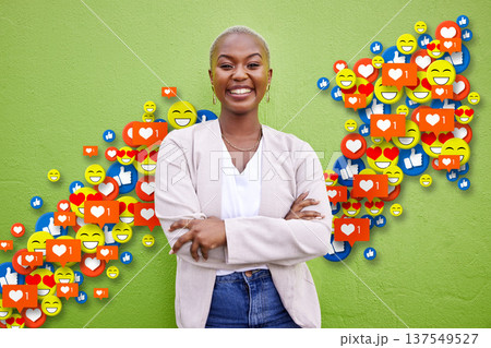 Social media, emoji icon or influencer woman arrow for like, love reaction or follow growth. Happy african person on green wall for fan page, content creator app or communication notification overlay Social media, emoji icon or influencer woman arrow for like, love reaction or follow growth. Happy african person on green wall for fan page, content creator app or communication notification overlay 137549527