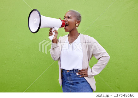 Black woman, megaphone and screaming on mockup space in advertising or protest against a studio background. African female person screaming in bullhorn or loudspeaker for sale discount, vote or alert Black woman, megaphone and screaming on mockup space in advertising or protest against a studio background. African female person screaming in bullhorn or loudspeaker for sale discount, vote or alert 137549560