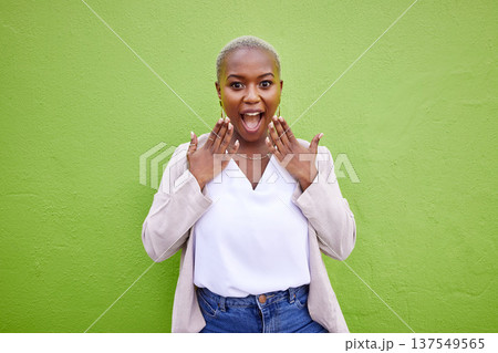 Excited, shocked and black woman surprise by news, deal or discount offer isolated in a studio green background. Wow, gossip and young person with emoji reaction to announcement or promotion Excited, shocked and black woman surprise by news, deal or discount offer isolated in a studio green background. Wow, gossip and young person with emoji reaction to announcement or promotion 137549565