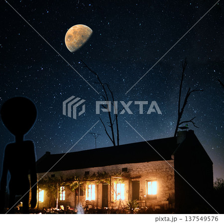 Cabin, nature and sky outdoor at night for travel, holiday and luxury in countryside with landscape background. Vacation, real estate and freedom in Canada in summer for peace, hospitality and relax Cabin, nature and sky outdoor at night for travel, holiday and luxury in countryside with landscape background. Vacation, real estate and freedom in Canada in summer for peace, hospitality and relax 137549576