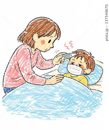 熱のある子供の体温を測る母親 看病イラスト 137549670
