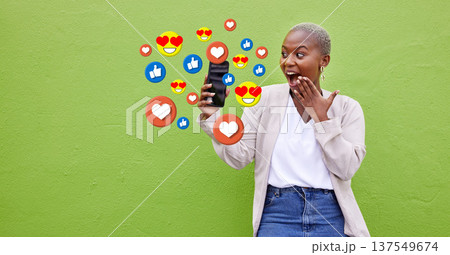 Surprise, black woman and phone icons, social media emojis and wow facial expression for online notification. Wow opinion vote, mockup and shocked user reading chat feedback on green background wall Surprise, black woman and phone icons, social media emojis and wow facial expression for online notification. Wow opinion vote, mockup and shocked user reading chat feedback on green background wall 137549674