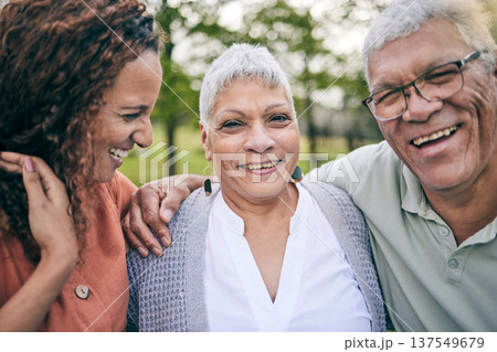 Elderly parents, happy woman or portrait at park with love, care and bond laughing on outdoor travel. Senior father, mature mother or face of funny adult daughter in nature on family holiday together Elderly parents, happy woman or portrait at park with love, care and bond laughing on outdoor travel. Senior father, mature mother or face of funny adult daughter in nature on family holiday together 137549679
