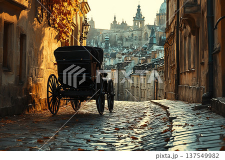 Carriage on a deserted morning street in an old city with antique charm Carriage on a deserted morning street in an old city with antique charm 137549982