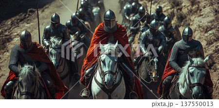 Knights on horseback advance towards a fortress during a crusade in an aerial view. Header banner mockup with copy space. 137550013
