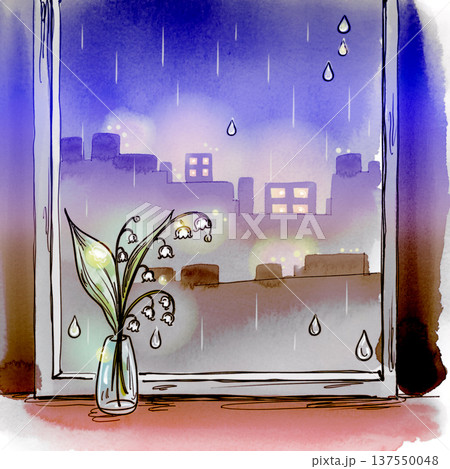 雨上がり間際の美しい空と窓辺に佇むスズラン 137550048