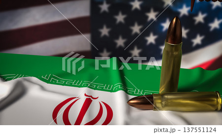 Iran Flag With Bullets and Barbed Wire Against Blurred United States Flag Political Conflict Concept 3d render. 137551124