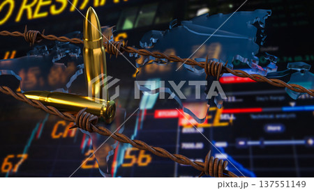 Global Conflict And Economic Crisis Concept With Bullets And World Map 3d render. 137551149