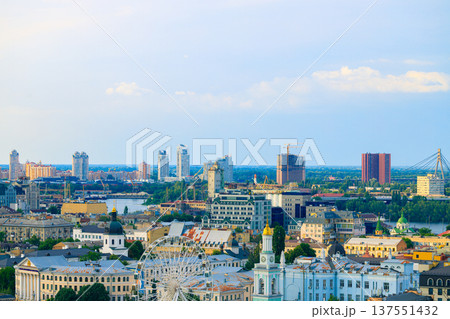 Kyiv capital of Ukraine city scape wide angle panorama living district buildings along Dnieper river aerial drone photography top view 137551432