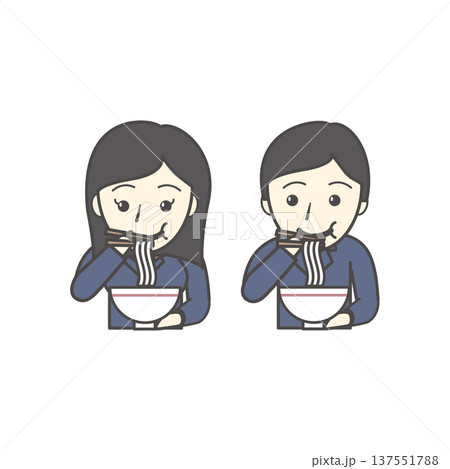 ラーメンを食べる制服の学生セット（男子高校生・女子高校生・放課後・食事・グルメ・日常 137551788