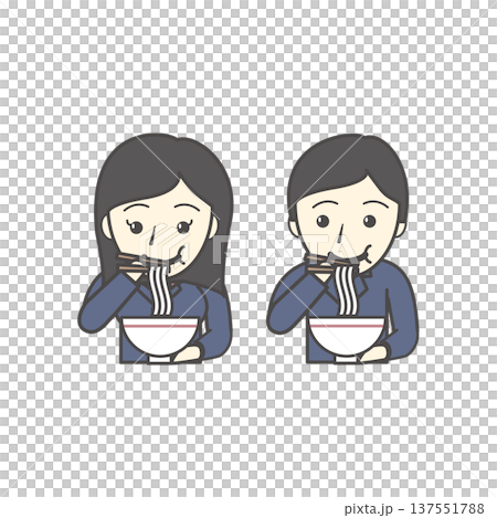 ラーメンを食べる制服の学生セット（男子高校生・女子高校生・放課後・食事・グルメ・日常 137551788