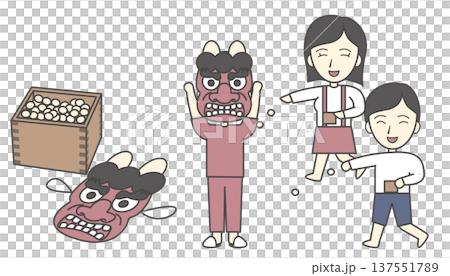 節分の行事イラストセット（豆まき・福豆・鬼のお面・赤鬼・小学生・子供・伝統文化） 137551789