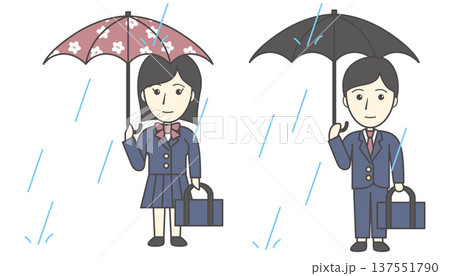 雨の日の通学風景セット(傘をさす高校生・男女・制服・雨の日・梅雨・登下校) 雨の日の通学風景セット(傘をさす高校生・男女・制服・雨の日・梅雨・登下校) 137551790