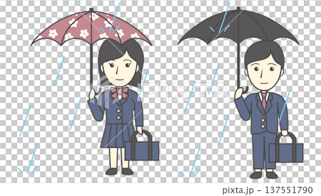 雨の日の通学風景セット(傘をさす高校生・男女・制服・雨の日・梅雨・登下校) 雨の日の通学風景セット(傘をさす高校生・男女・制服・雨の日・梅雨・登下校) 137551790