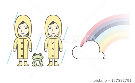 レインコートを着た小学生とカエルのイラストセット(虹・雲・雨・子供・水たまり・梅雨) レインコートを着た小学生とカエルのイラストセット(虹・雲・雨・子供・水たまり・梅雨) 137551791