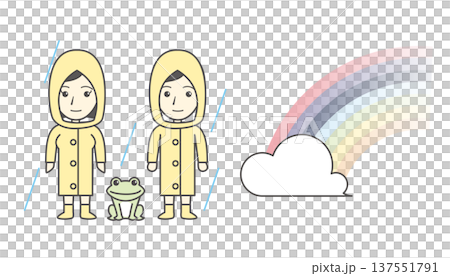 一組小學生穿著雨衣和青蛙的插圖(彩虹、雲朵、雨、孩子、水坑、雨季) 一組小學生穿著雨衣和青蛙的插圖(彩虹、雲朵、雨、孩子、水坑、雨季) 137551791