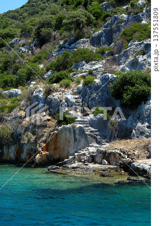 A small seaside town Antalya. Flooded ancient Lycian city as a result of the earthquake city. Near the city of Simena in the vicinity of Kekova Turkey. 137551809