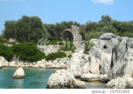 A small seaside town Antalya. Flooded ancient Lycian city as a result of the earthquake city. Near the city of Simena in the vicinity of Kekova Turkey. 137551850