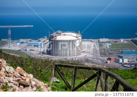 Gijon port settlements amidst scenic coastal landscapes in Gijon, Asturias, Spain Gijon port settlements amidst scenic coastal landscapes in Gijon, Asturias, Spain 137551878
