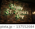 Happy St. Patrick's Day Neon Sign on Brick Wall in Pub Interior. AI generated 137552084
