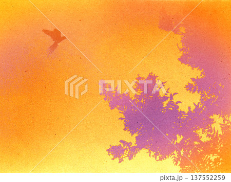 Abstract silhouette of a bird flying through a golden orange sky with tree branches. Minimalist nature composition with warm amber tones and grainy texture, ideal for atmospheric backgrounds. 137552259