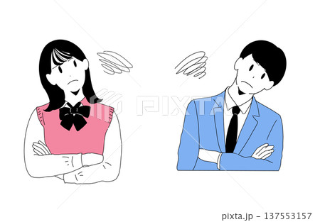 腕を組んで悩む若者男女のイラスト(学生・新社会人) 問題提起とQ&A 手書き素材 腕を組んで悩む若者男女のイラスト(学生・新社会人) 問題提起とQ&A 手書き素材 137553157