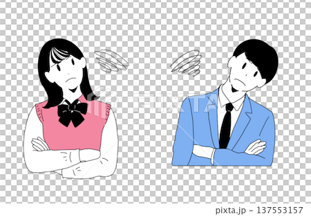 腕を組んで悩む若者男女のイラスト(学生・新社会人) 問題提起とQ&A 手書き素材 腕を組んで悩む若者男女のイラスト(学生・新社会人) 問題提起とQ&A 手書き素材 137553157