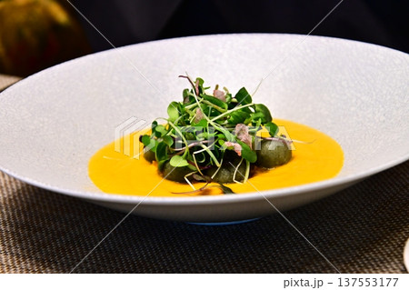 美術館レストランで提供されたマイクログリーンを添えたスープ料理 美術館レストランで提供されたマイクログリーンを添えたスープ料理 137553177